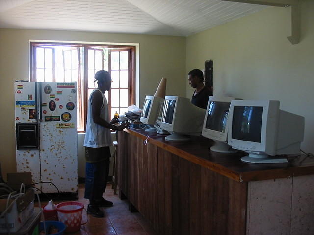 DJ 22 Pac helps us set up the equipment whilst Junior checks out the electrics